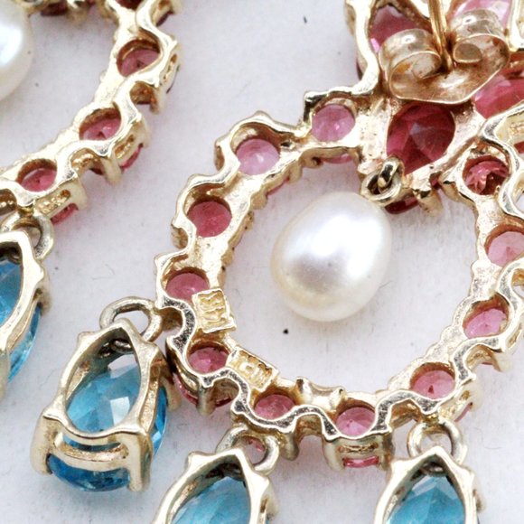 14K Gold Synthetic Tourmaline Topaz Pearl Chandelier Earrings - Picture 10 of 10